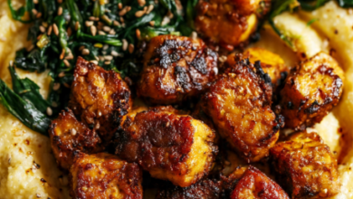 Smoky Air Fryer Tempeh on a Crispy Breakfast Polenta Bowl