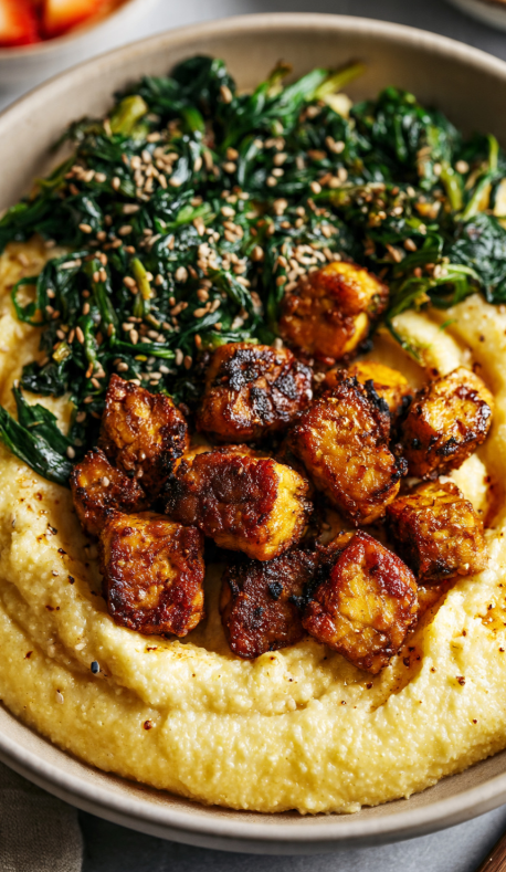 Smoky Air Fryer Tempeh on a Crispy Breakfast Polenta Bowl – Plant Based RD