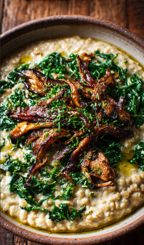 Savory Steel-Cut Oats with Greens and Vegan Mushroom “Bacon”