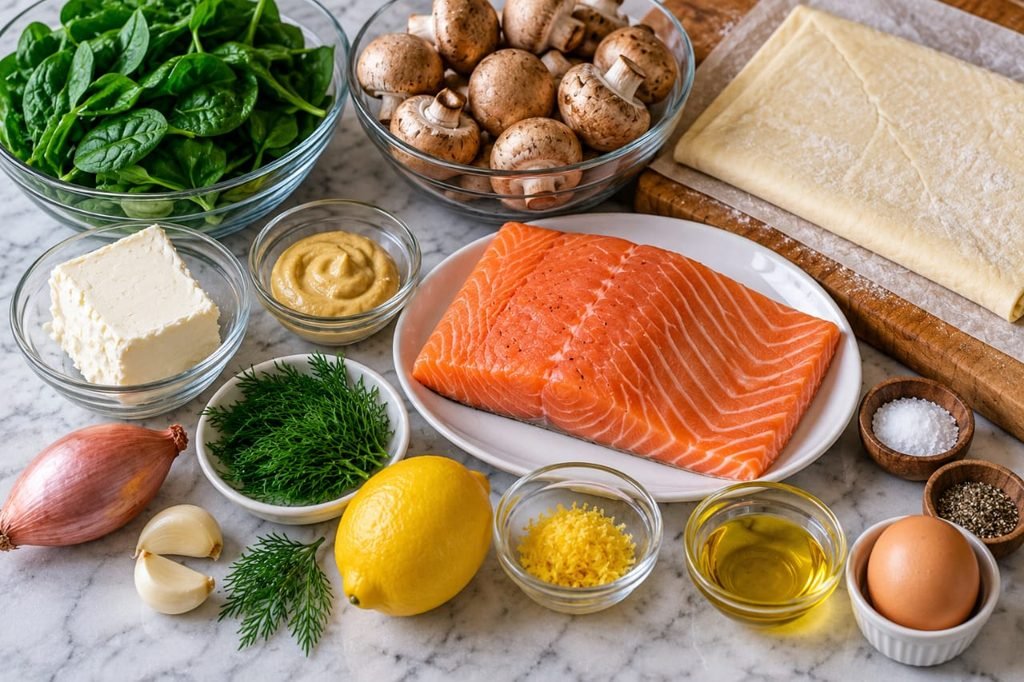 Salmon Wellington ingredients including salmon, spinach, mushrooms, cream cheese, puff pastry, lemon and fresh dill