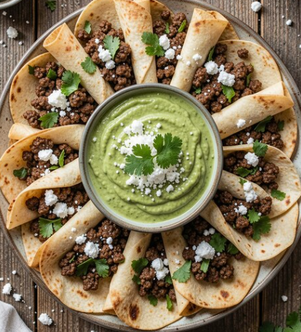 Crispy Ground Beef Flautas with Cilantro Avocado Sauce