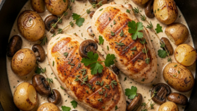 Creamy Garlic Herb Chicken with Roasted Potatoes & Mushrooms
