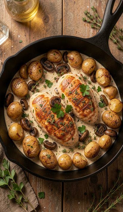 Creamy Garlic Herb Chicken with Roasted Potatoes & Mushrooms: Your Ultimate One-Pan Comfort Food